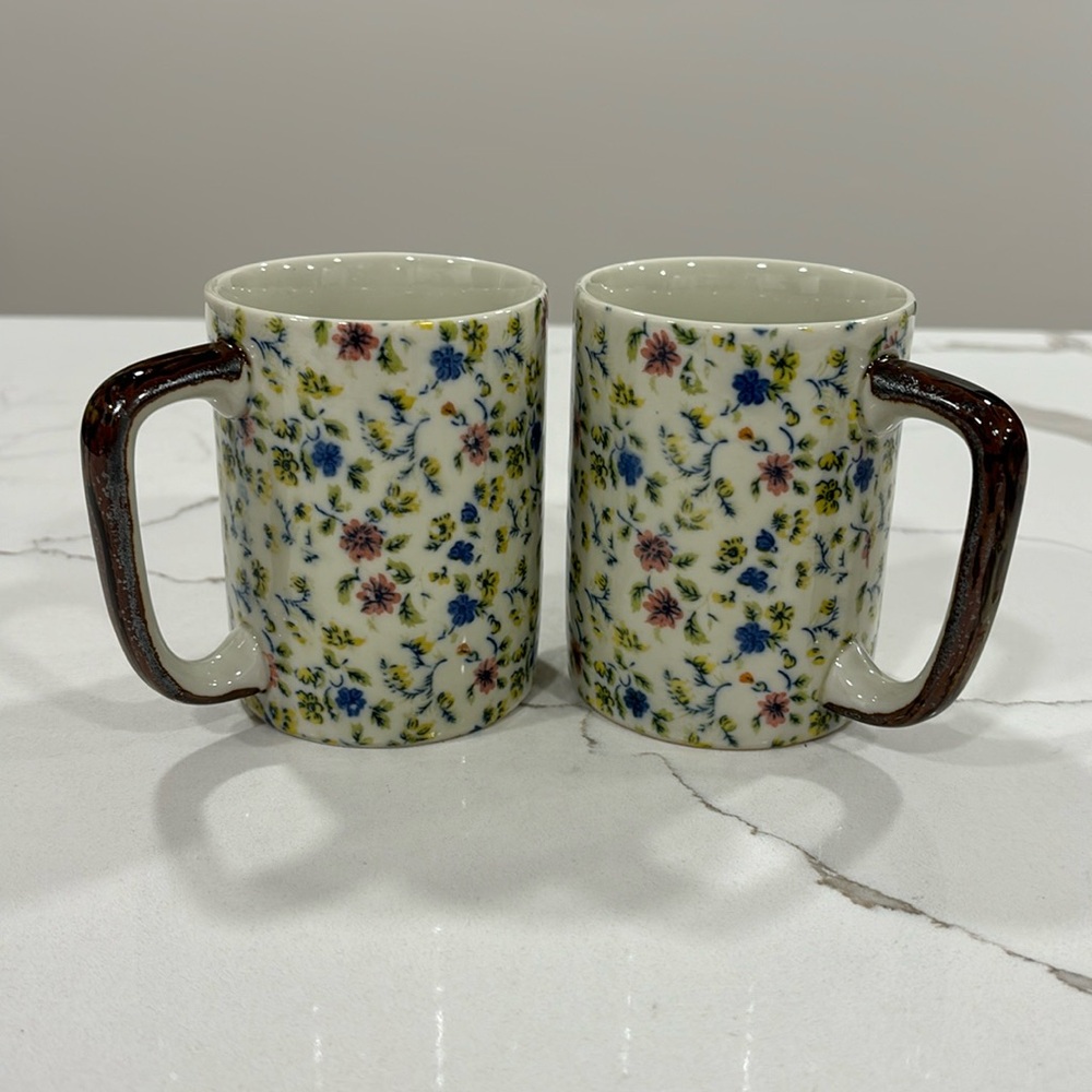 Vintage Pair Of Blue Pink And Yellow Flower Coffee Tea Mugs